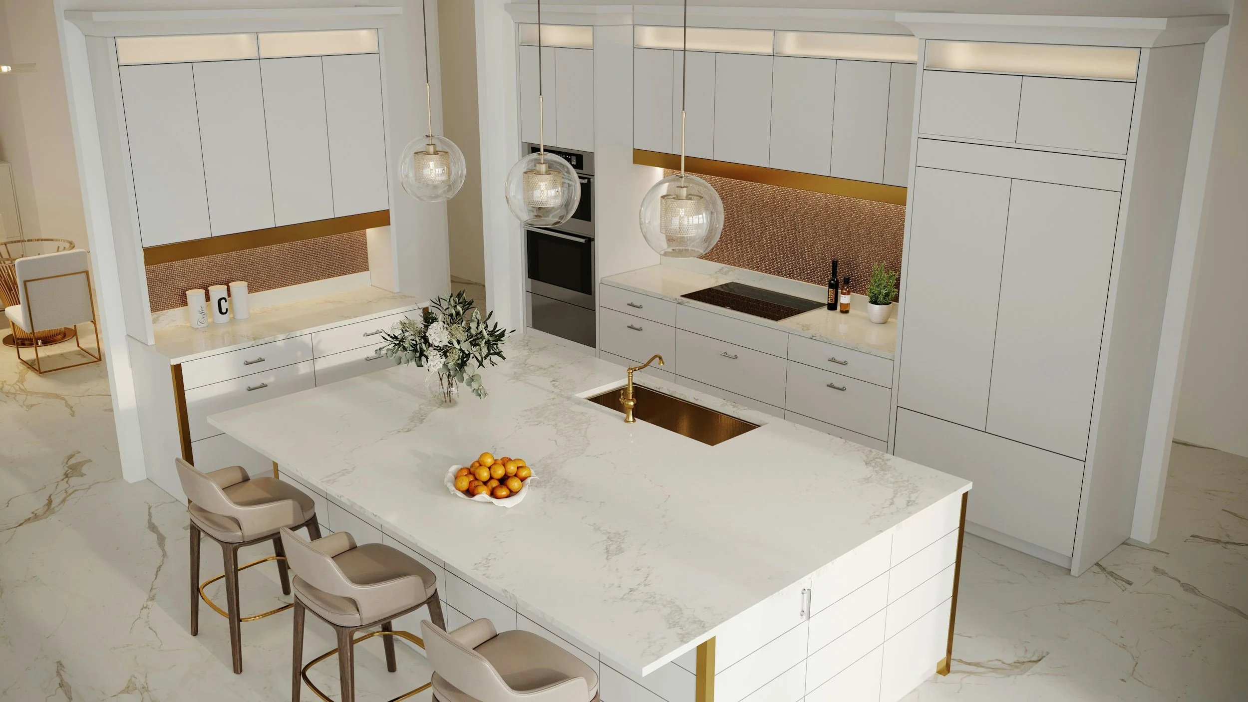 Modern kitchen with white cabinets, marble island, gold accents, and pendant lights.