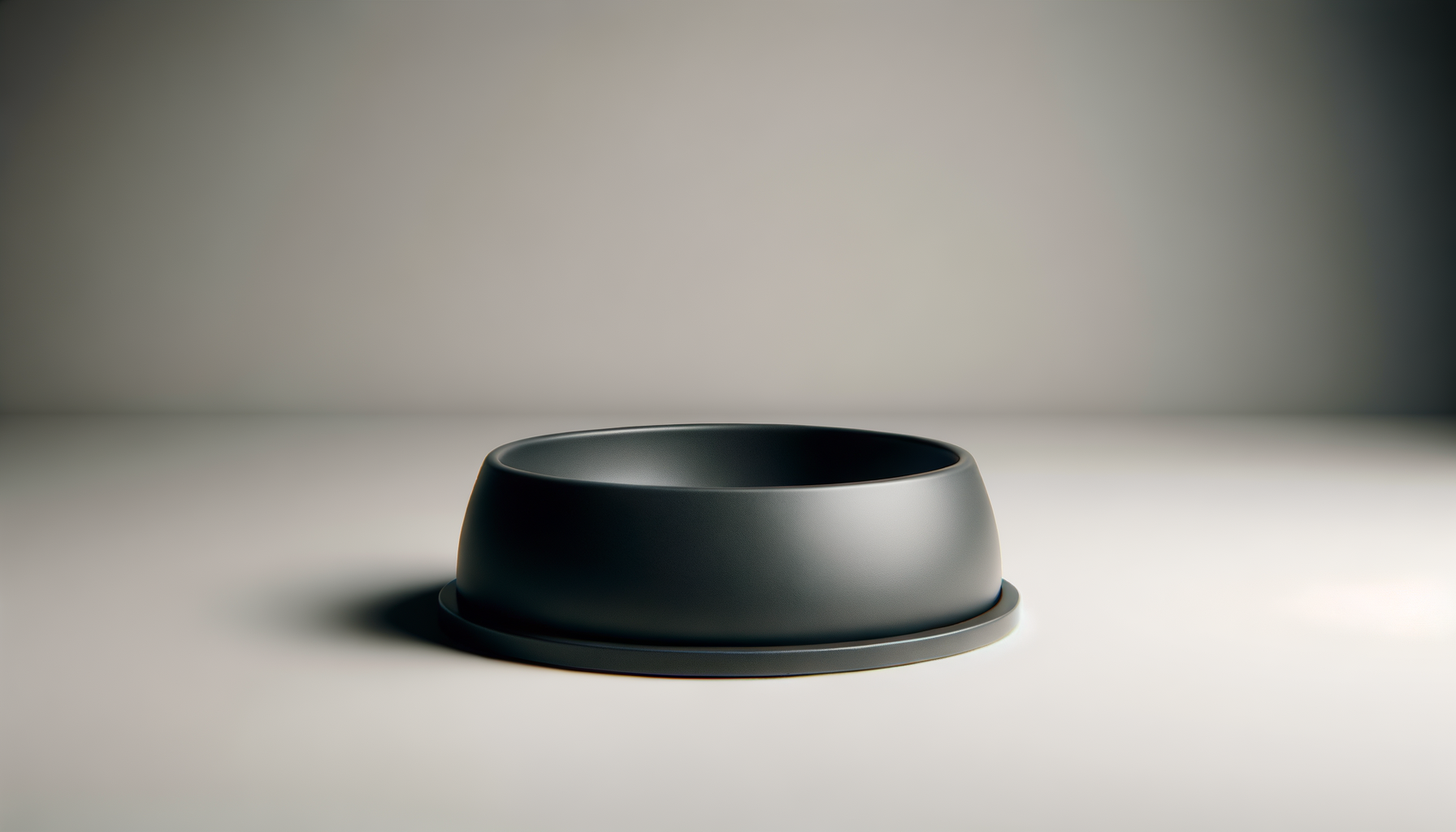 A modern, minimalist pet food bowl on a white surface with a plain gray background.