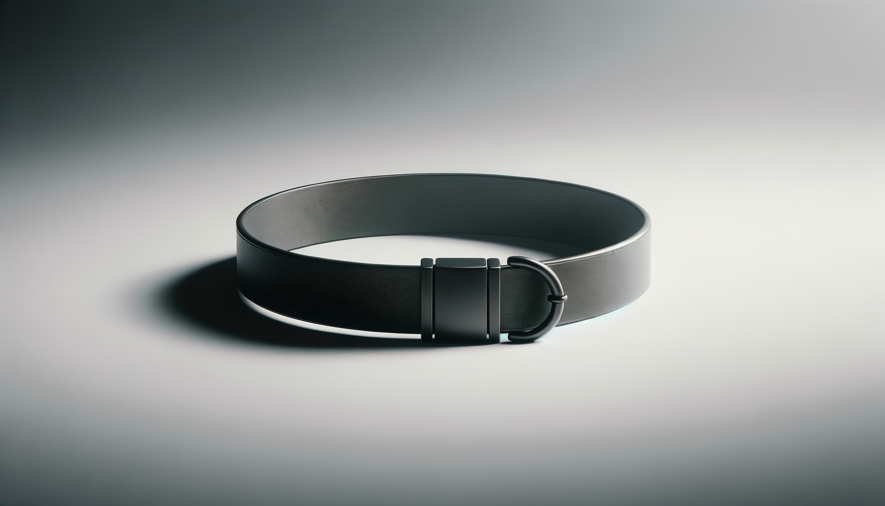 A sleek, modern black belt with a matte finish and a simple buckle, lying flat on a light surface with soft shadows.