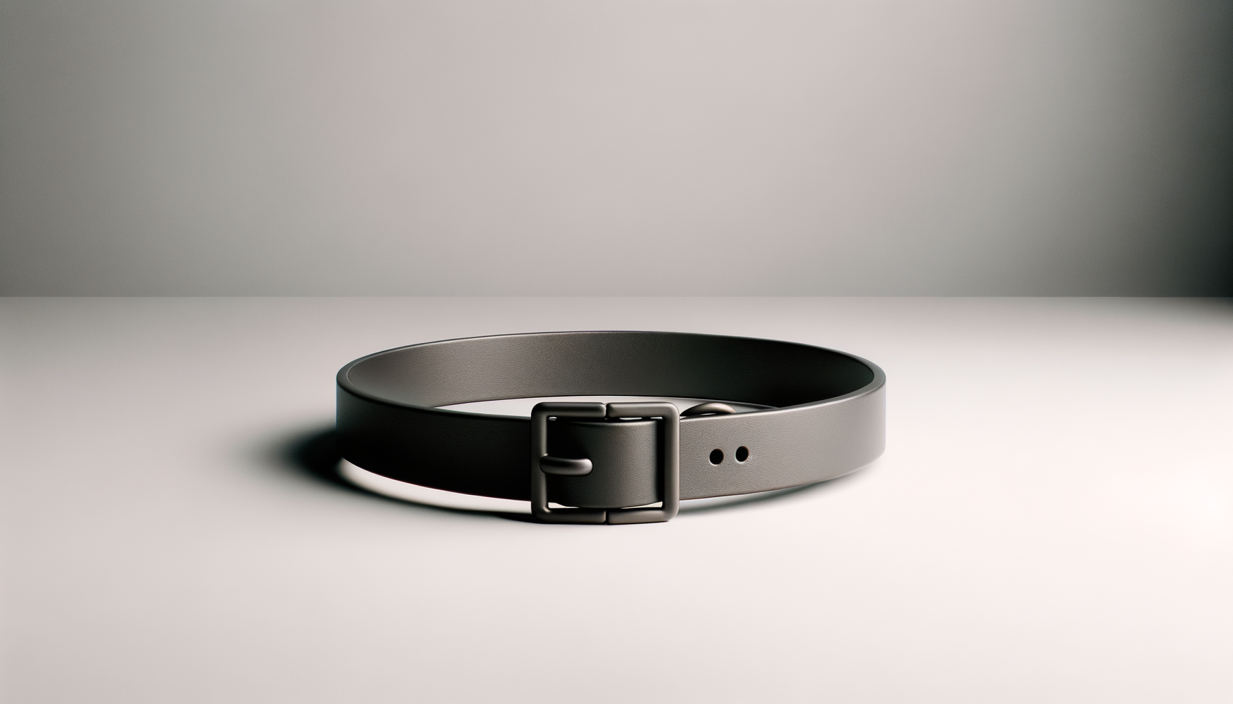 Gray leather belt with silver buckle on a white surface with a plain background.