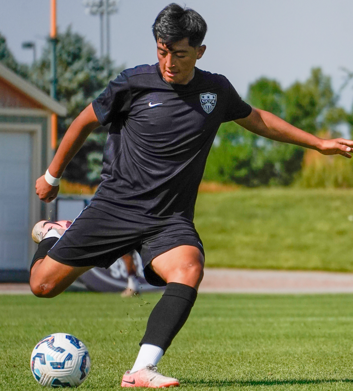 A young male soccer player in black uniform kicking a soccer ball on a grassy field, with trees and a building in the background.