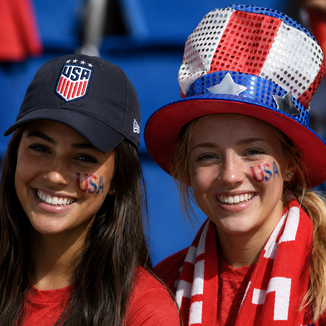 Two women at a patriotic event, wearing red, white, and blue accessories. One woman wears a navy blue baseball cap with USA emblem, the other wears a tall, glittery red, white, and blue Uncle Sam hat. Both have 'USA' face paint and are smiling.