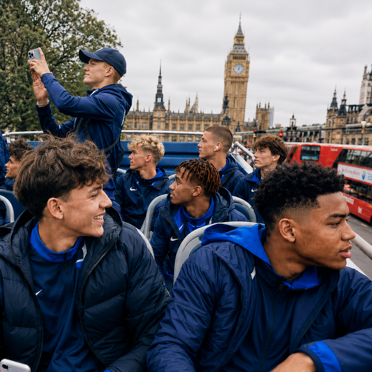 A group of young men, dressed in blue jackets and athletic wear, are sitting on an open-top tour bus on a cloudy day in London with Big Ben in the background. One man is standing and taking a selfie with a smartphone, smiling, while others look in different directions, some wearing wireless earbuds. The scene captures a lively, urban atmosphere.