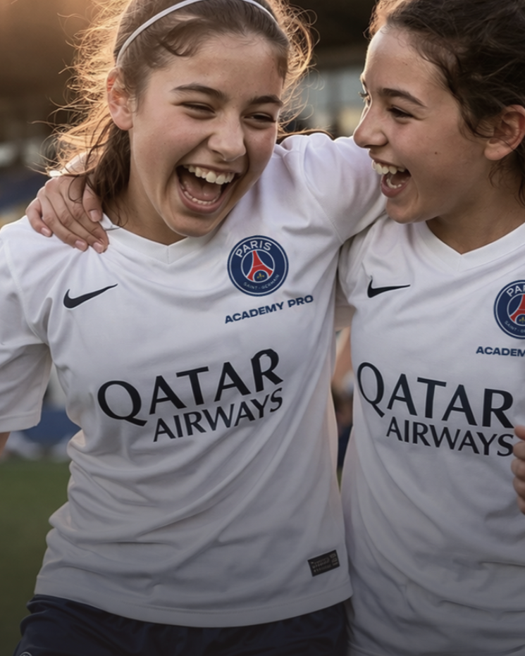 Two young female soccer players in white PSG jerseys smiling and celebrating together.