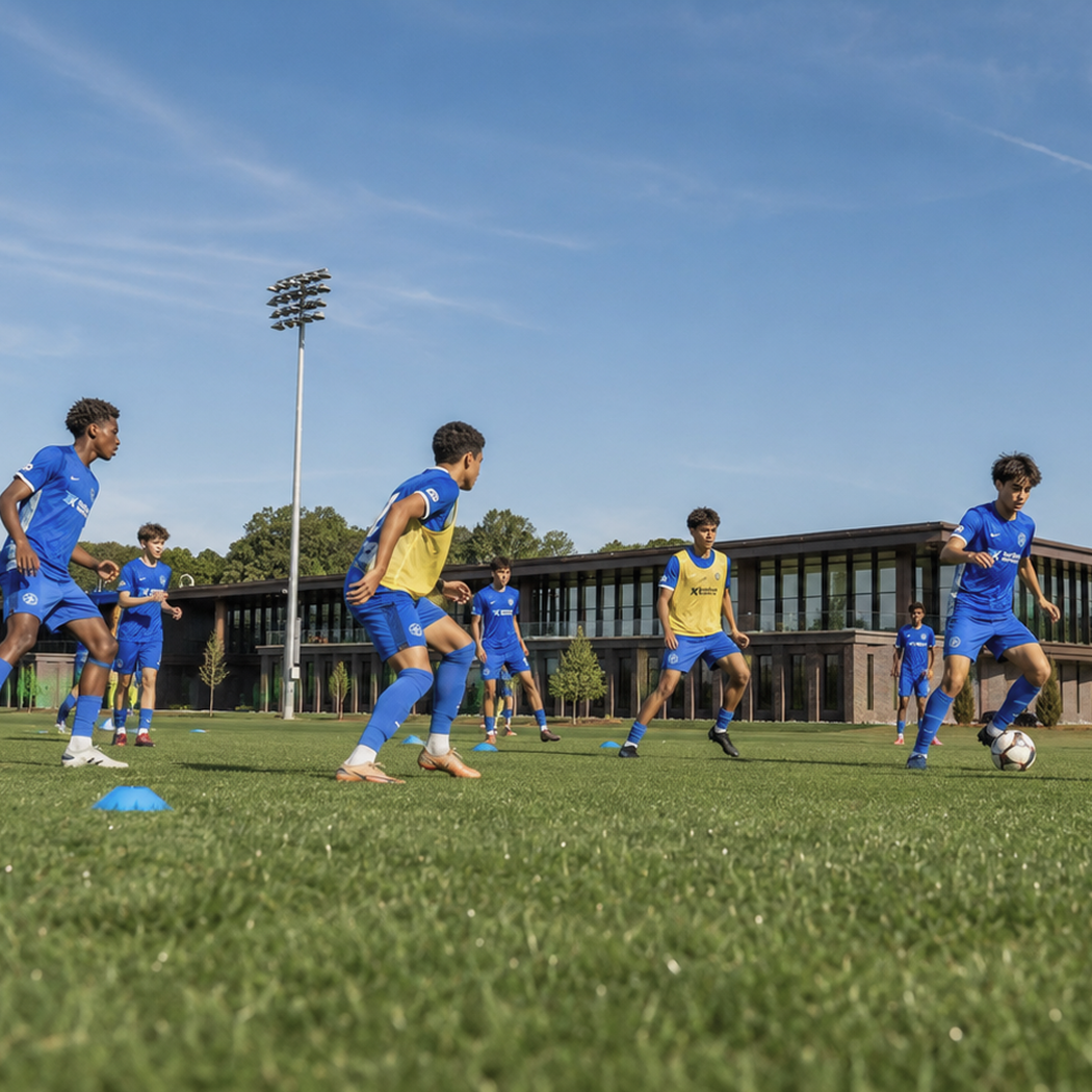 Young male soccer players training on a grass field under a blue sky with a modern building in the background.