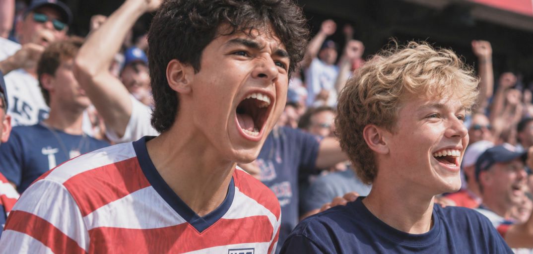 Young men cheering enthusiastically at a sports event, wearing patriotic jerseys and surrounded by a crowd.