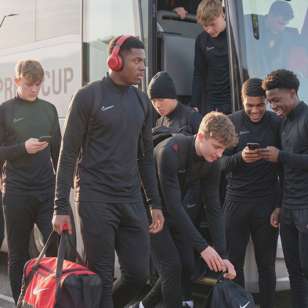 Group of young male athletes in black sportswear disembarking from a bus, carrying backpacks and sports bags, some looking at their phones, outdoor setting.