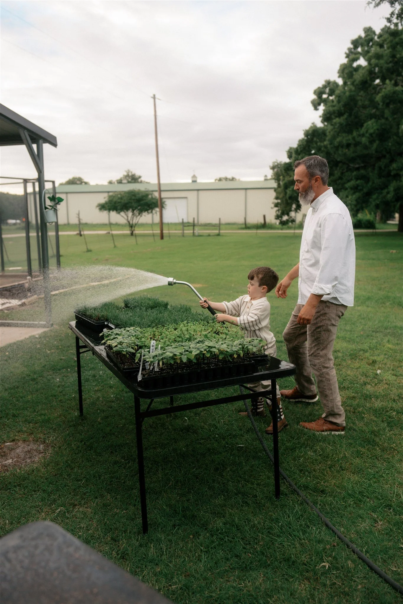 A man and a boy watering plants on a rooftop garden in an outdoor setting with trees, grass, a building, and cloudy sky in the background.