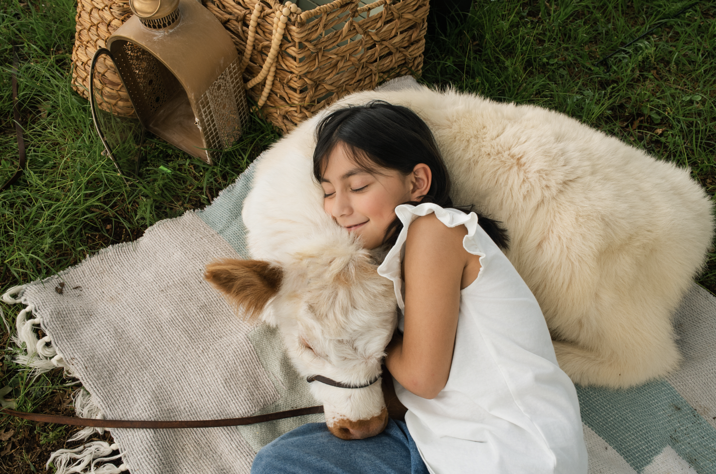 A girl hugging a Bernese Mountain Dog lying on a rug outdoors surrounded by green grass.