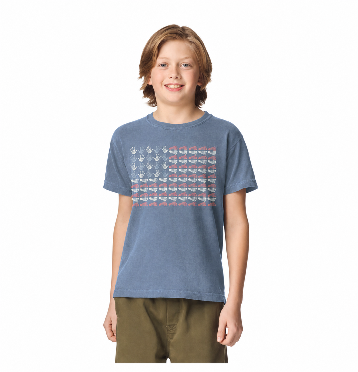 Boy modeling the Blue Denim Tiny Hands, Tiny Feet, Big Courage NICU youth T-shirt.