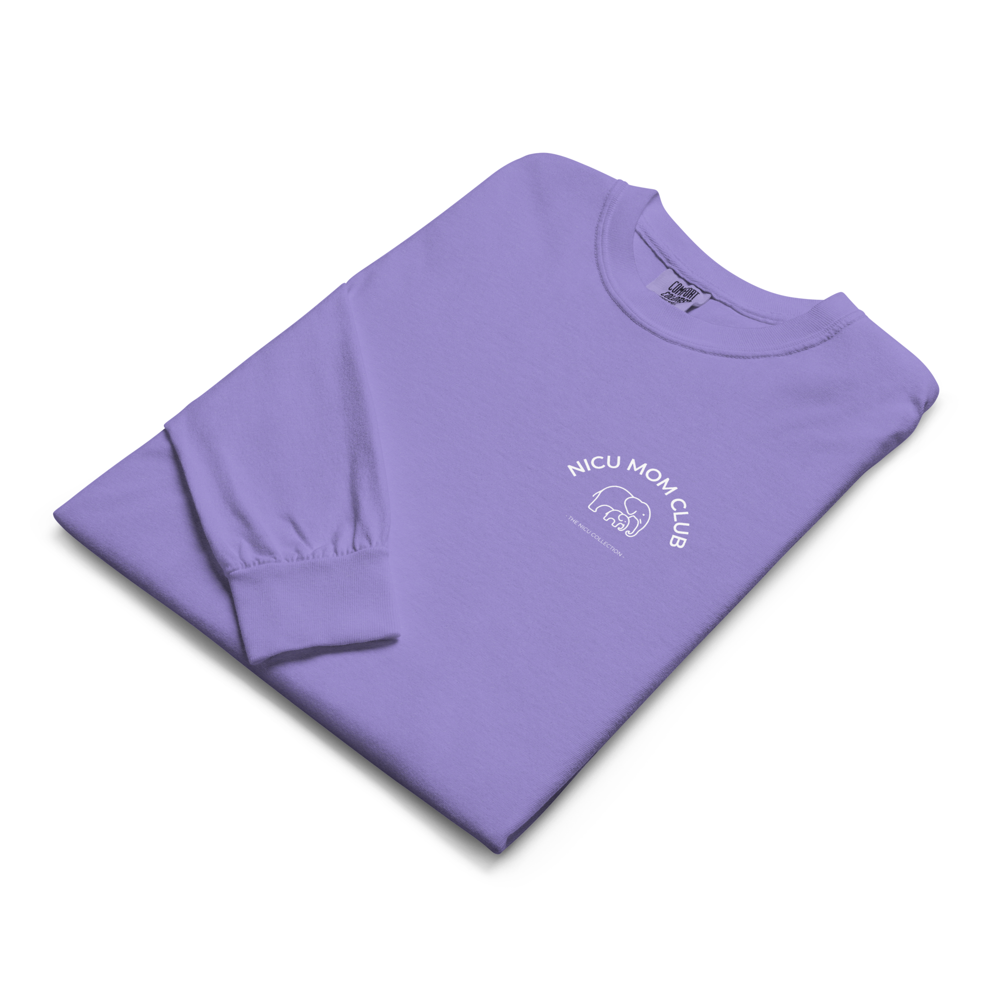 Folded violet NICU Mom Club long-sleeve shirt showing the small white chest design.