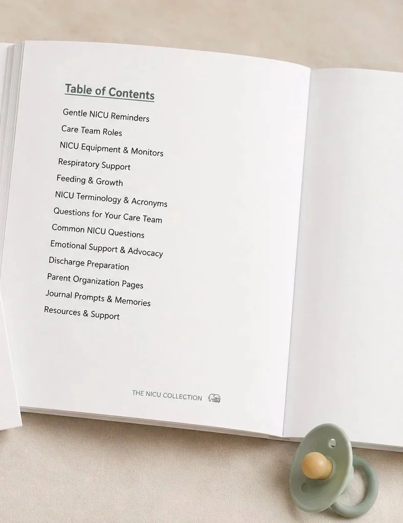 Table of contents for the printable NICU Parent Guide PDF