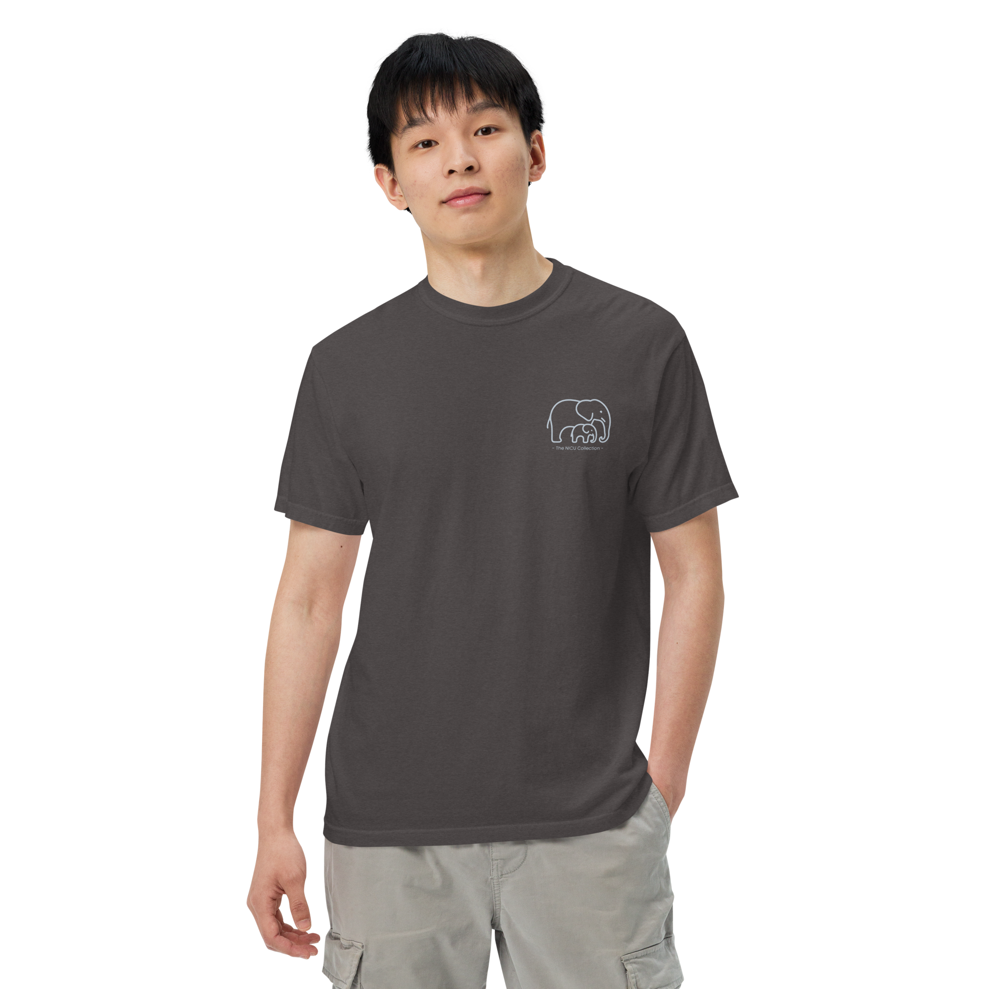 Man wearing the charcoal NICU T-shirt with a small chest design, front view.