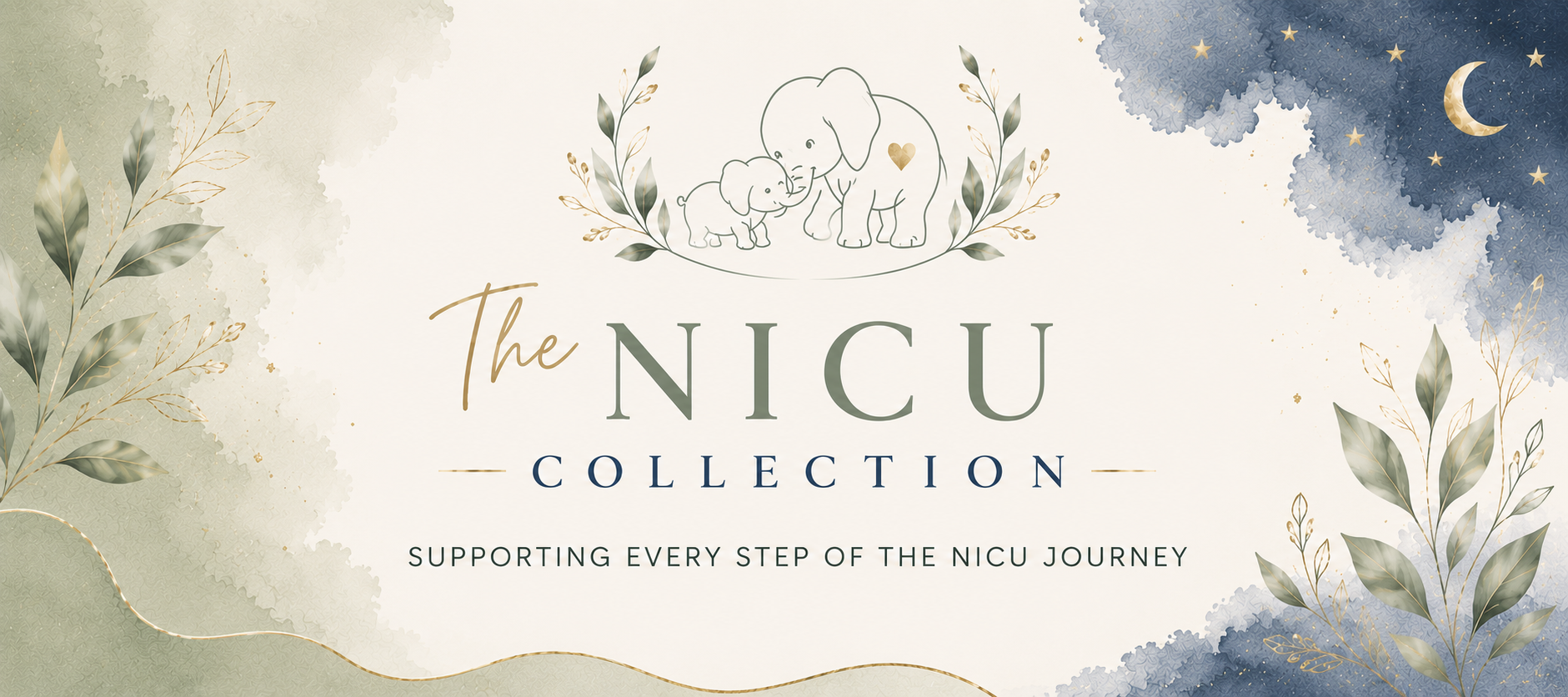 Gentle watercolor illustration featuring a mother and baby elephant surrounded by leaves and decorative elements, with the text 'The NICU Collection' and supporting text.