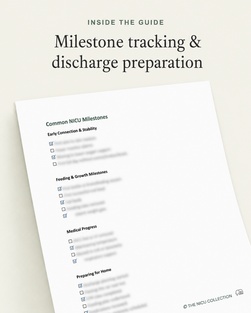 NICU Parent Guide discharge preparation page with milestone tracking and planning prompts.