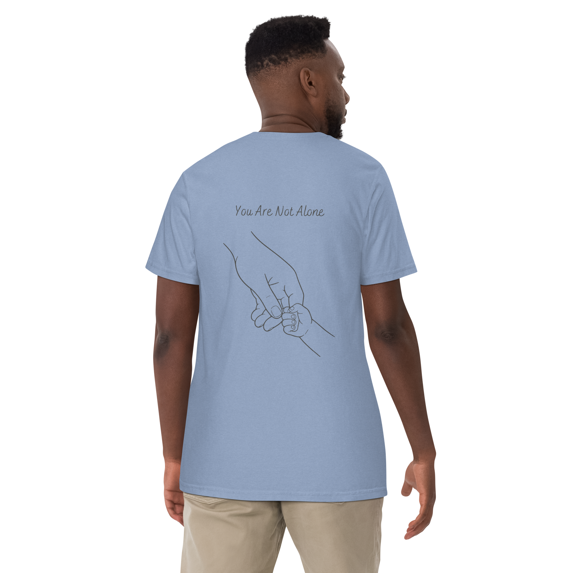 Man wearing the dusty blue You Are Not Alone NICU T-shirt, back view.
