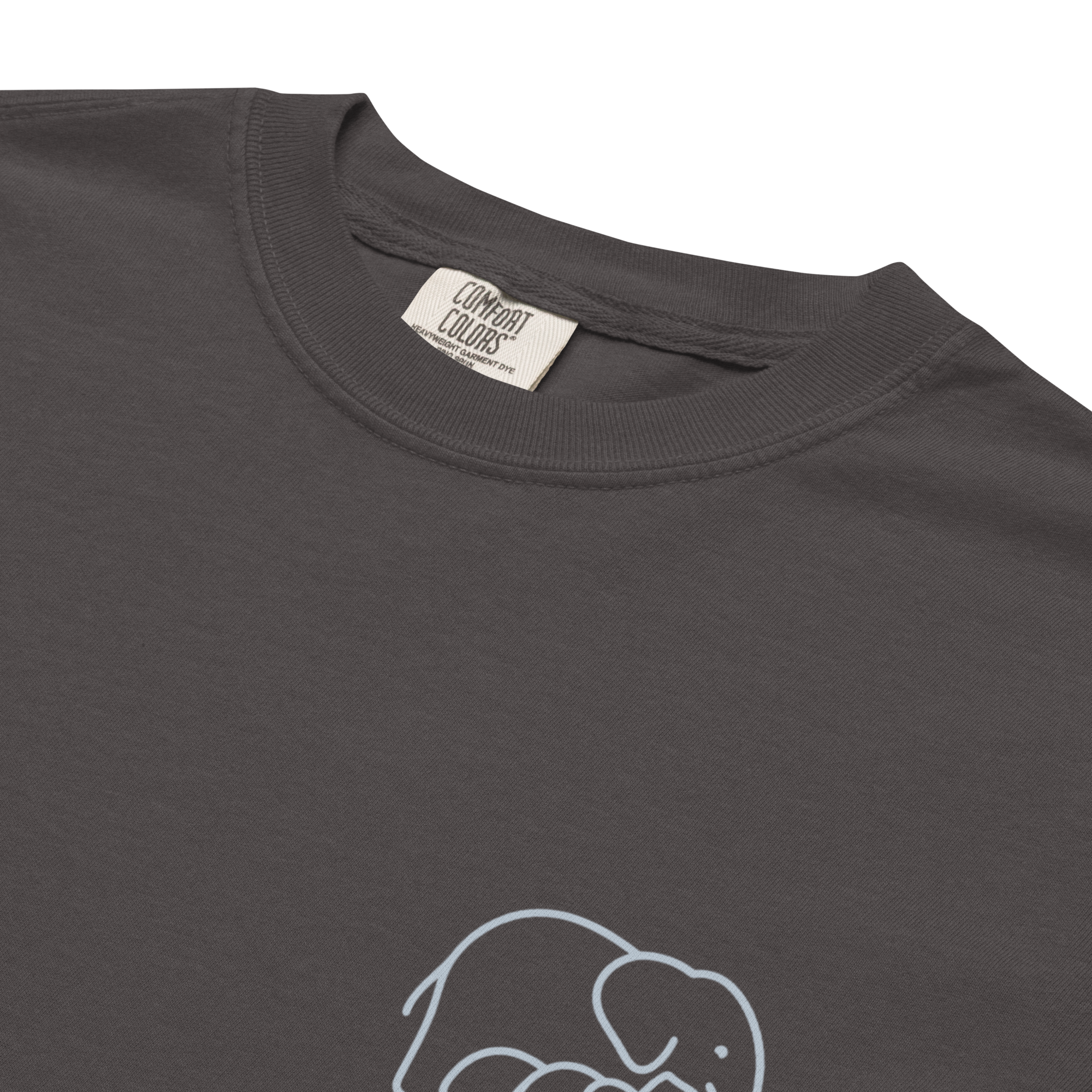 Close-up of the small elephant chest design on a charcoal NICU T-shirt.