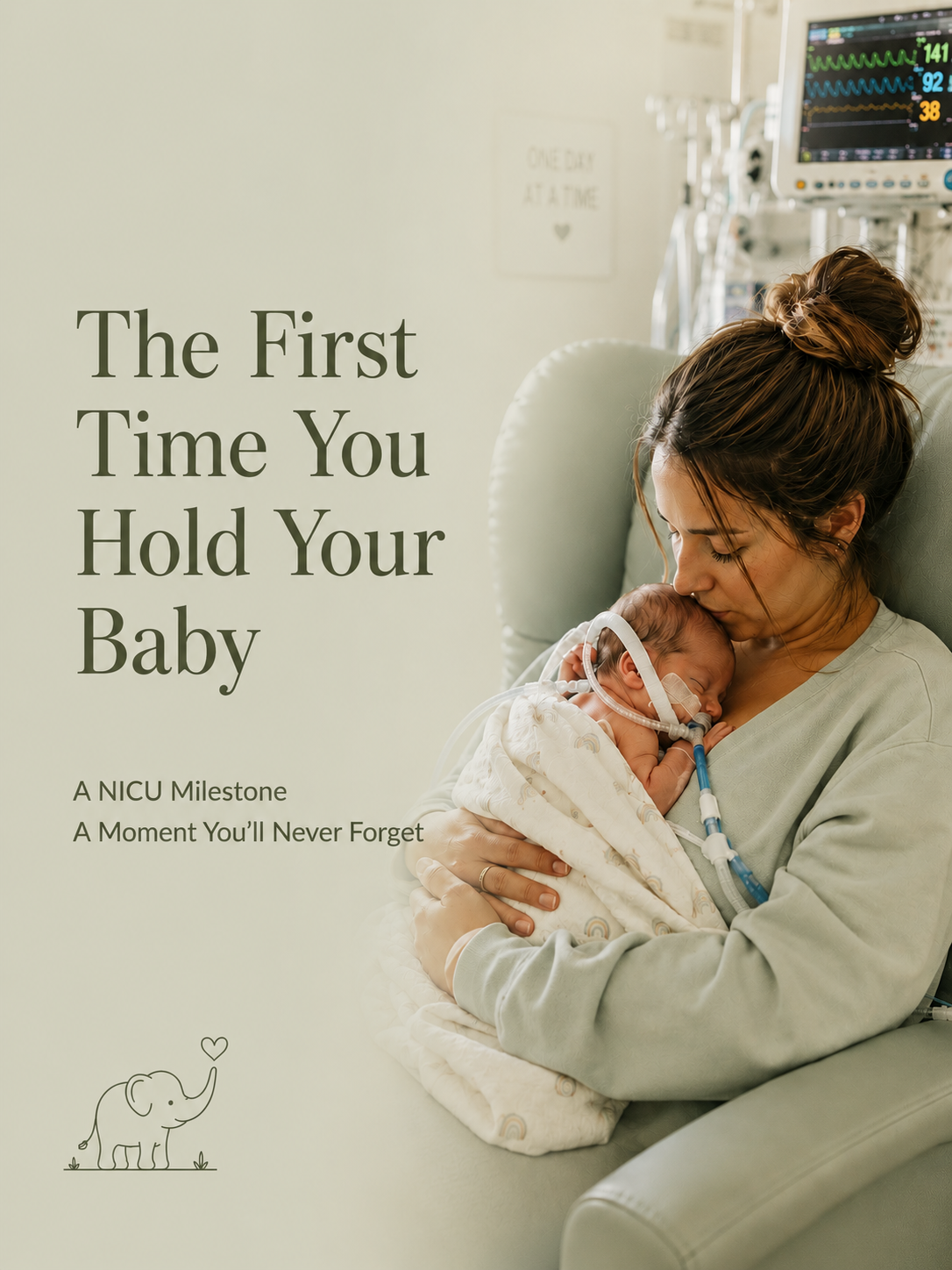 A mother holding her newborn baby in a hospital room, with medical equipment and monitor in the background. The mother is gently kissing the baby, who is wrapped in a blanket and connected to a breathing tube.