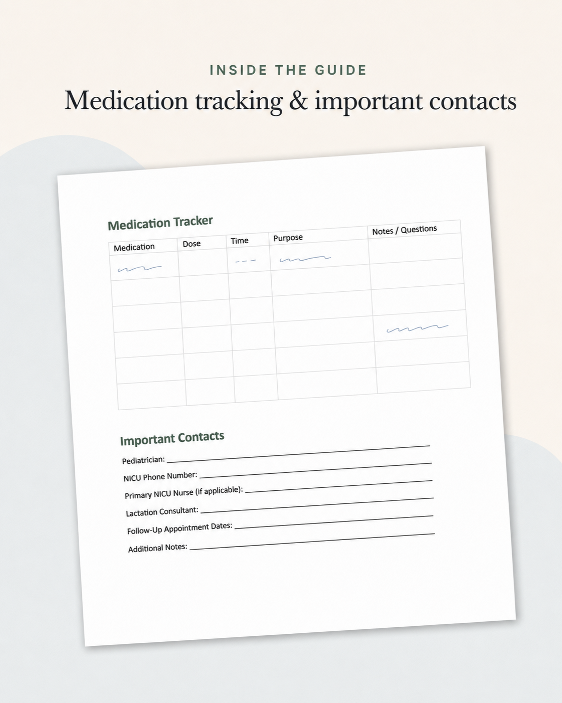 NICU medication tracker and important contacts printable pages.