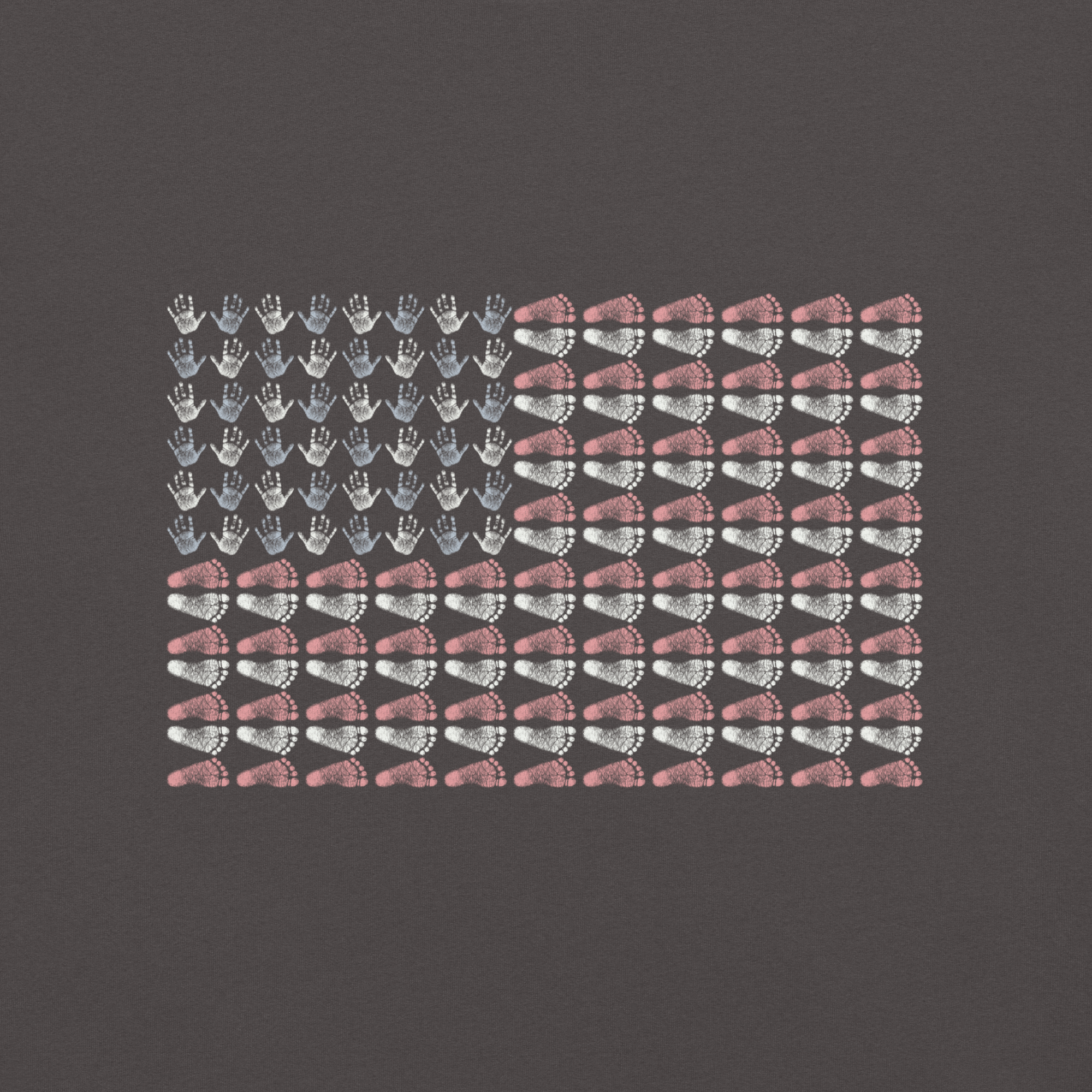 Close-up of the Tiny Hands, Tiny Feet, Big Courage back design on a charcoal T-shirt.