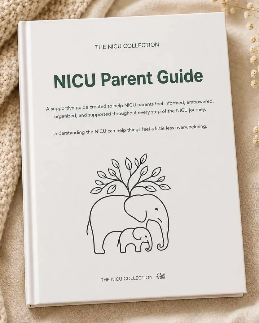 NICU Parent Guide printable cover featuring a parent and baby elephant illustration.