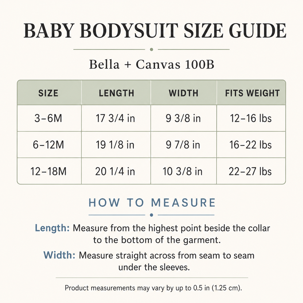 Bella Canvas 100B baby bodysuit size guide with length, width, and weight ranges for 3–6M through 12–18M