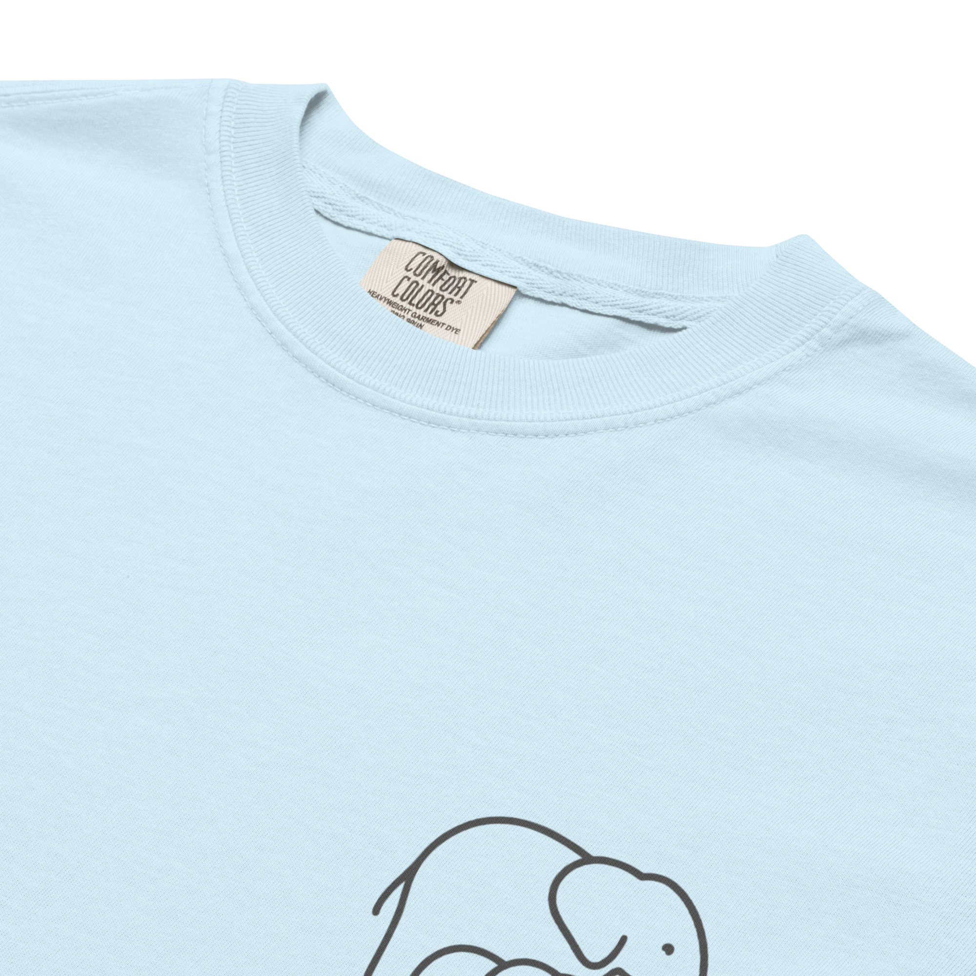 Close-up of the small hand-holding chest design on a light blue NICU T-shirt.