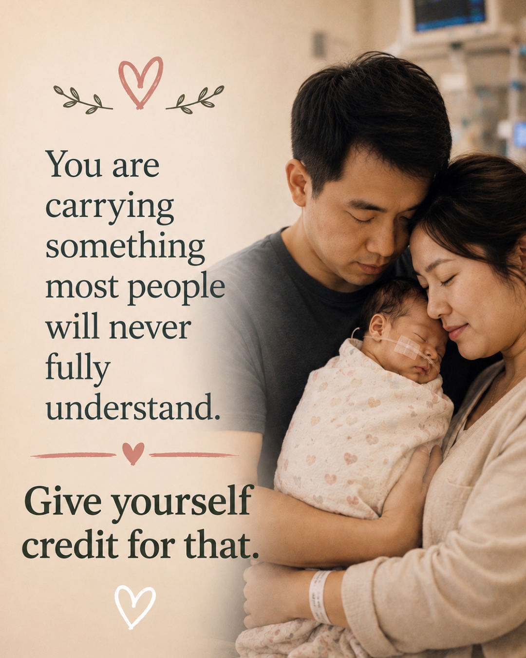 A family in a hospital holding a newborn baby, with the parents lovingly pressing their heads together. The baby has medical tubes taped to its face, wrapped in a blanket. Pink and white heart drawings and inspirational text overlay the image, emphasizing understanding and self-compassion.