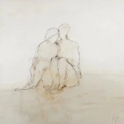 Minimalist sketch of two people sitting closely together, with one person's head resting on the other's shoulder.