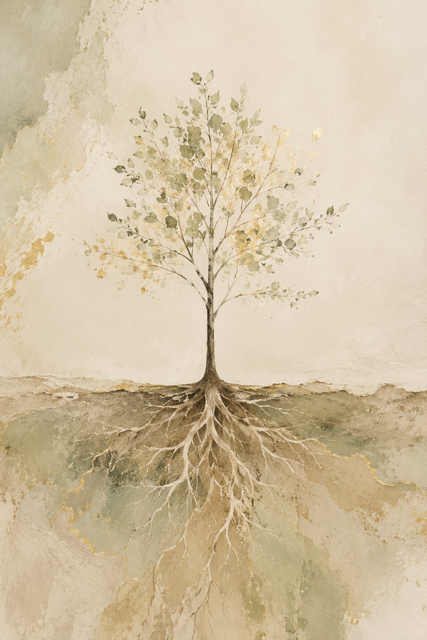 A tree with green and yellow leaves, showing its roots underground in a cross-section view.