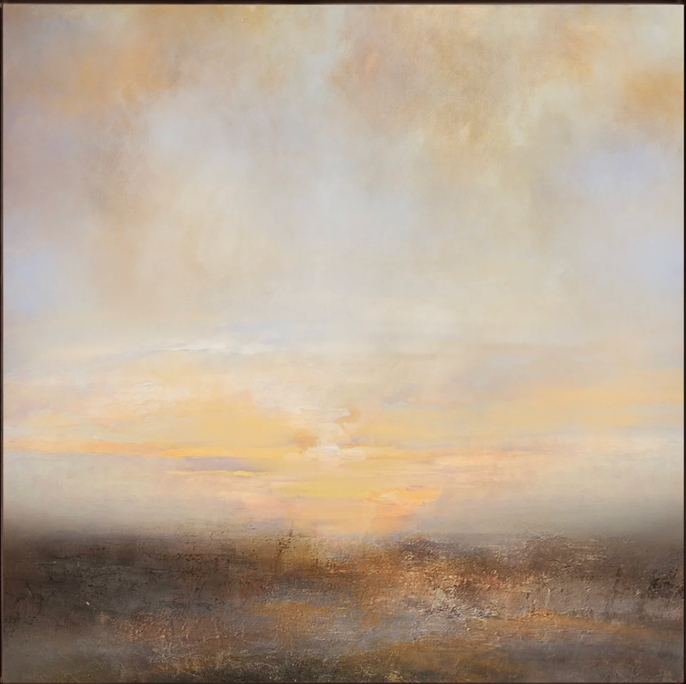 Abstract landscape painting with a soft, muted color palette of beige, cream, and light brown, depicting a serene horizon with a cloudy sky and subtle reflections on a calm surface.