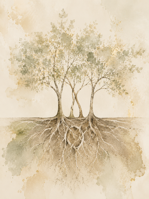 Illustration of trees with visible roots, showing both above and below ground. The trees have green leaves, and the background has an earthy, watercolor style.