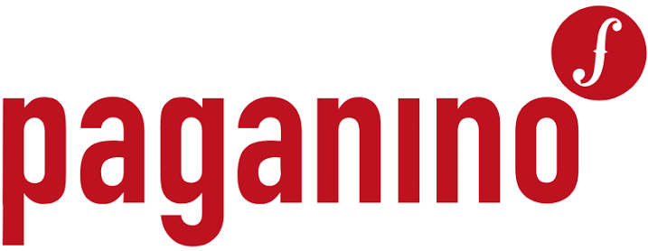 Das Logo der Marke "paganino" mit rotem Hintergrund und weißem Schriftzug, darunter der Name "paganino" in roter Schrift.