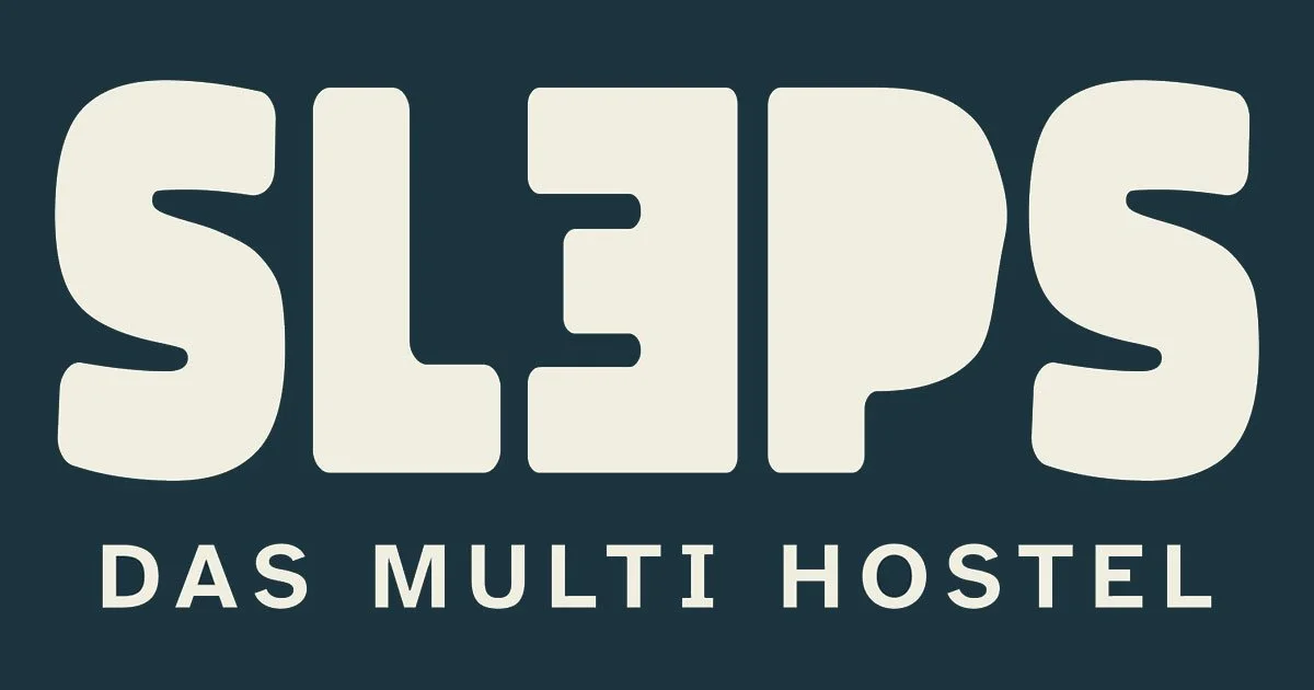 Logo von einem Hostel namens 'Sleps' mit dem Slogan 'Das Multi Hostel'.