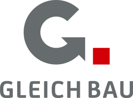 Logo von GLEICH BAU, bestehend aus einem schwarzen G mit einem roten Quadrat darunter, und dem Schriftzug GLEICH BAU