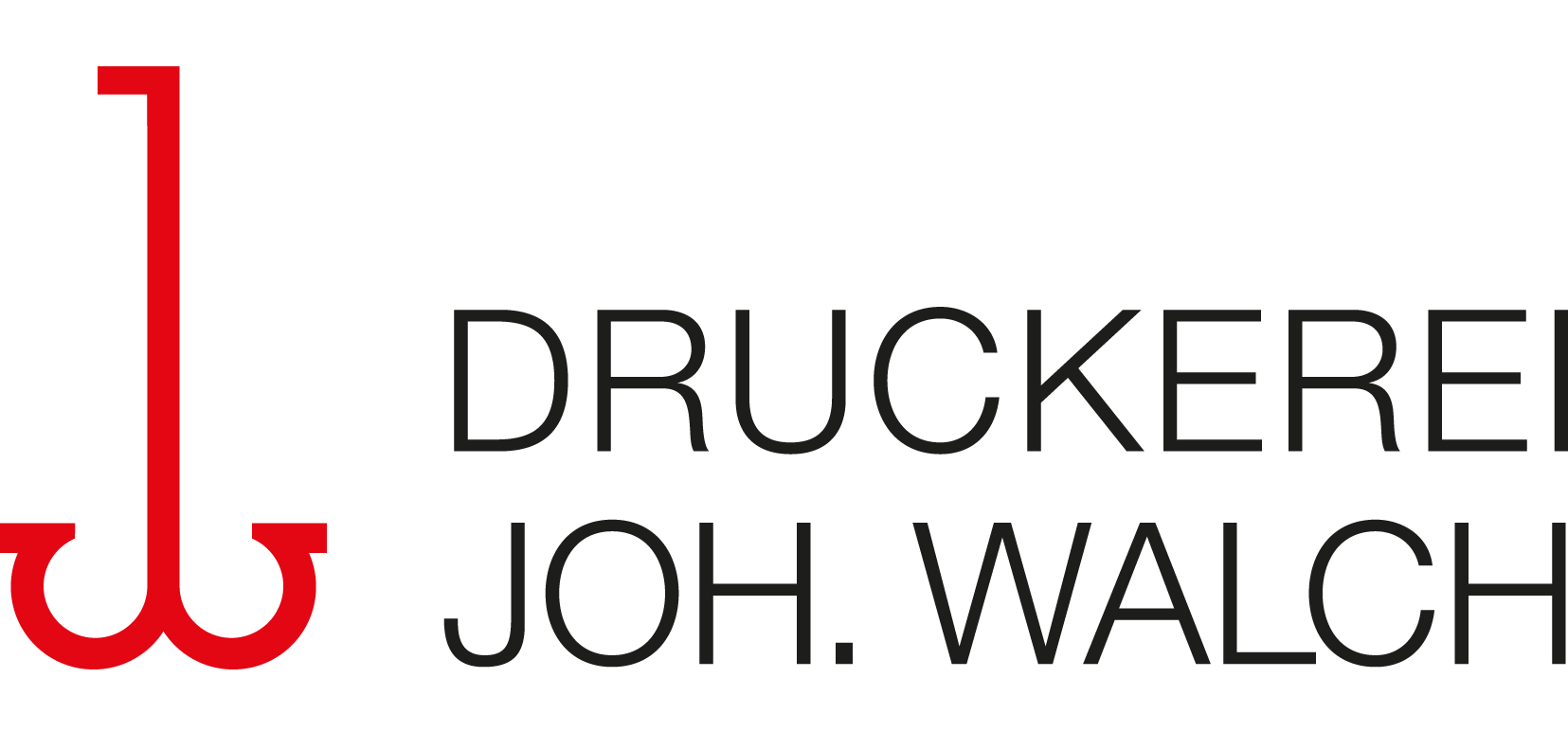 Logo einer Druckerei mit roten und schwarzen Schriftzug und einem roten, stilisierten Monogramm.