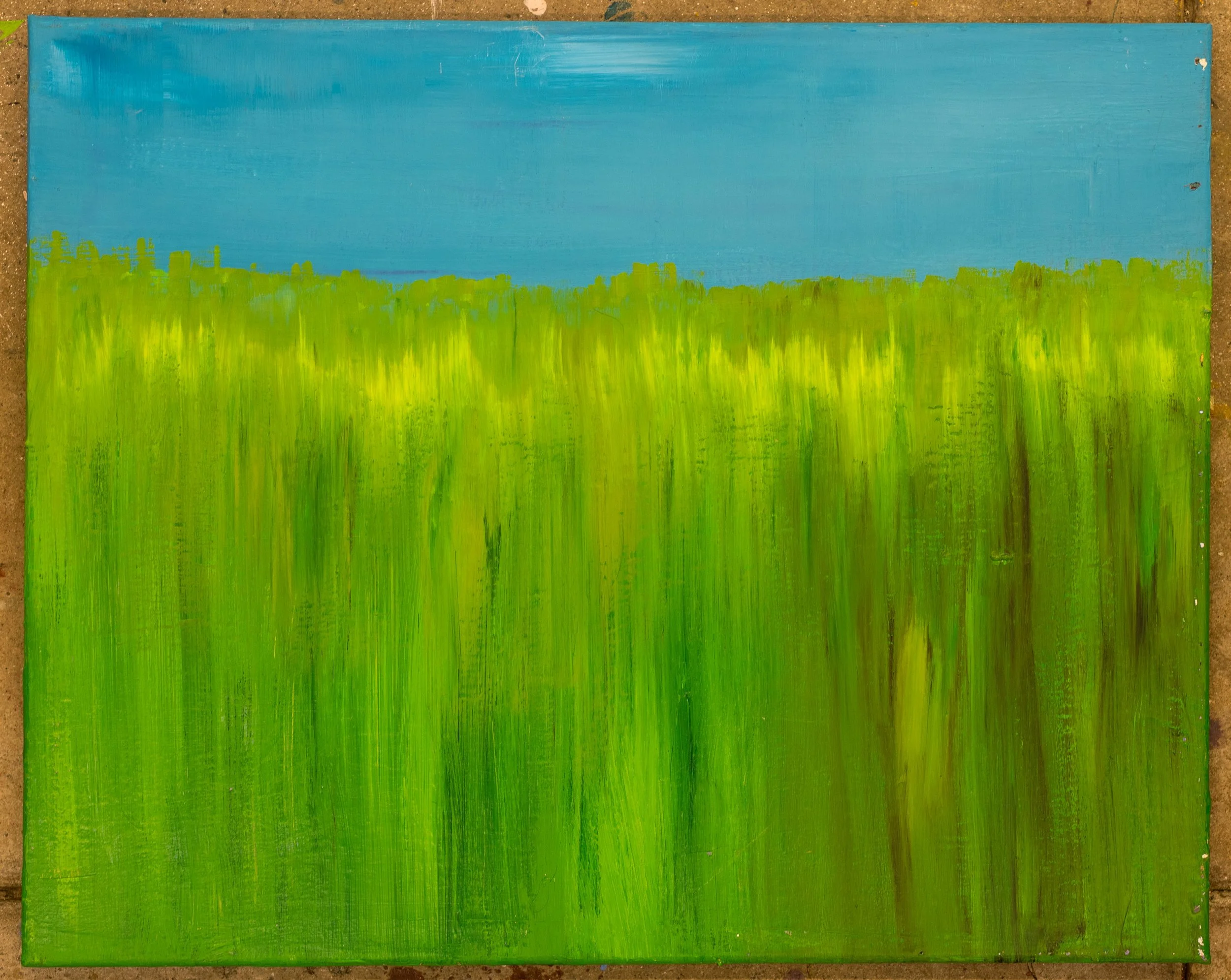 Dreaming, an artwork by Samantha Juan depicting a vivid green field beneath a bright blue sky.