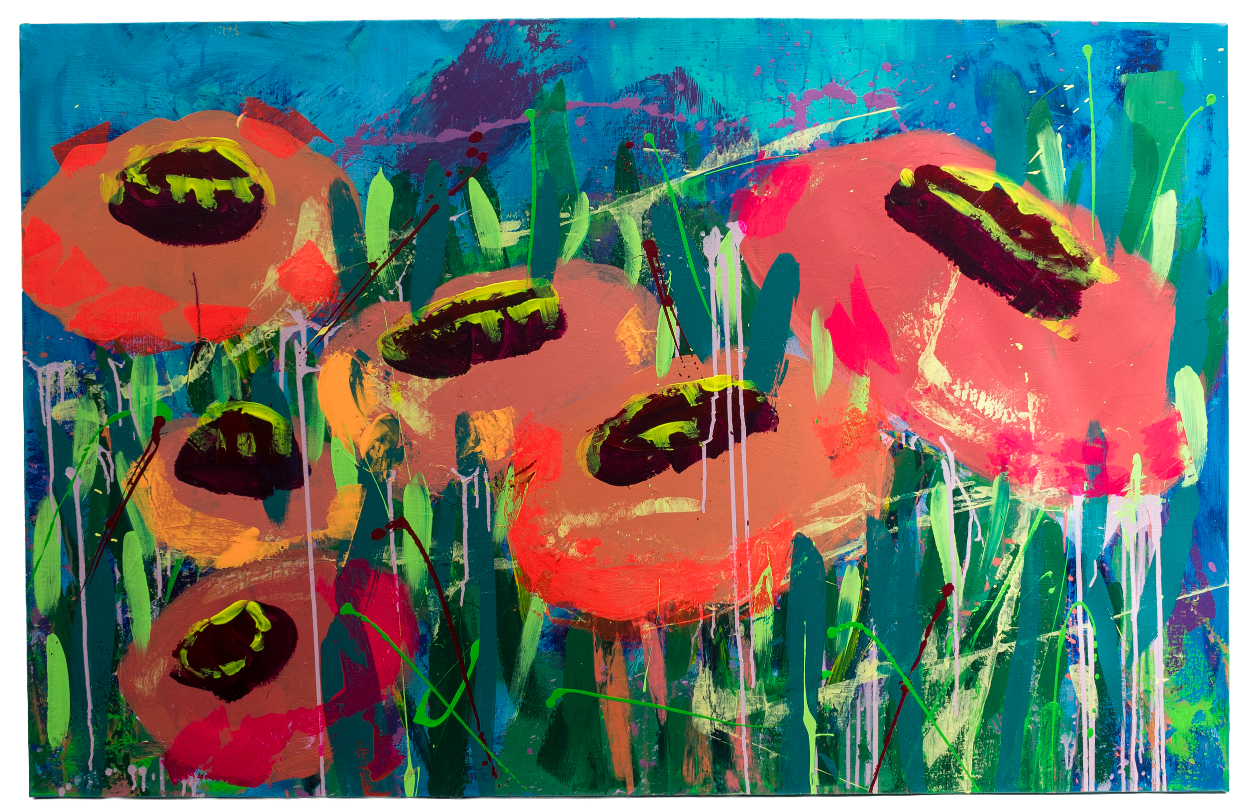 Abstract painting with large red and pink flowers, green stems, and dark centers, set against a vibrant blue background with splashes of purple, white, and yellow paint.