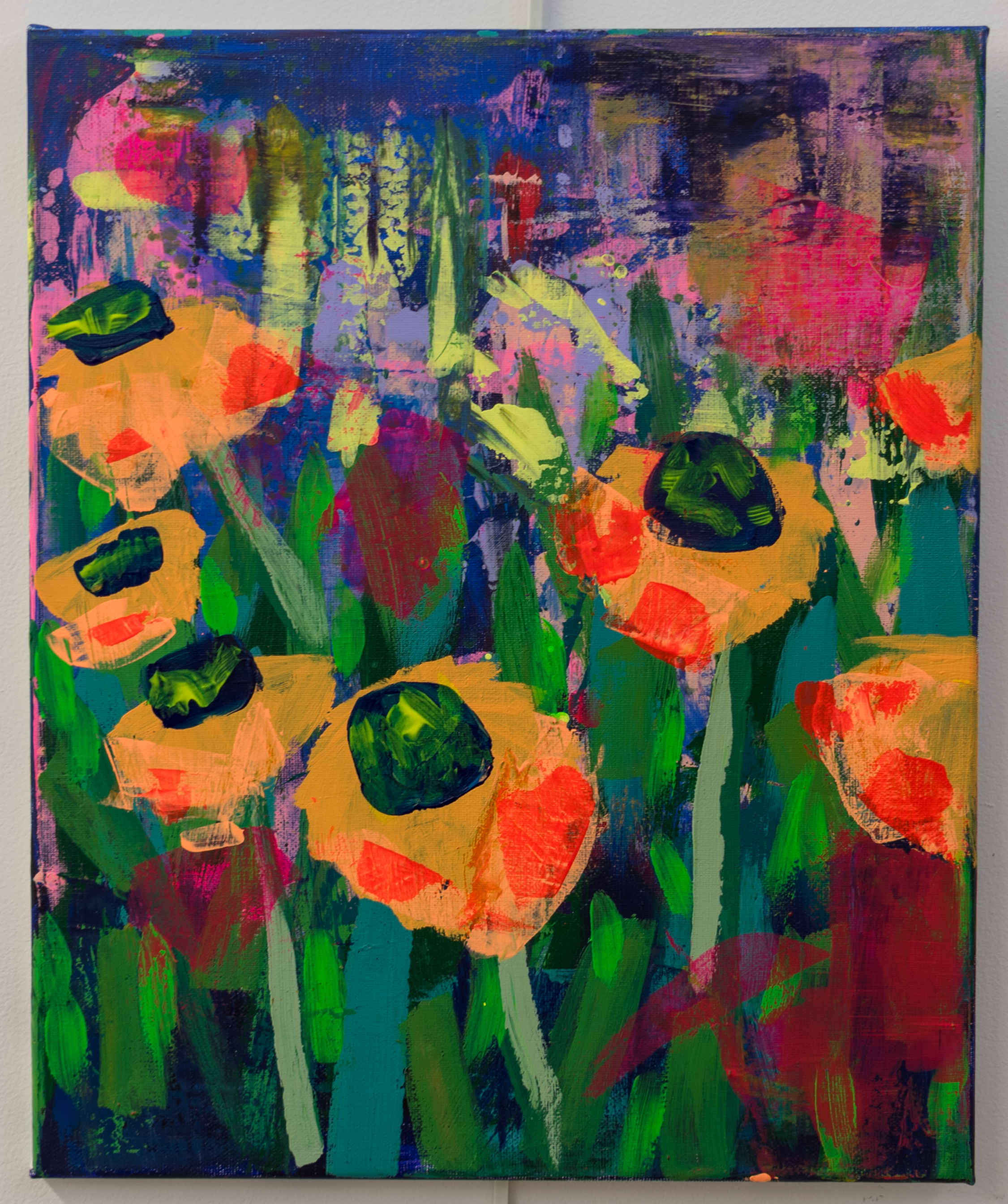 A vibrant abstract painting with bold strokes of yellow, pink, green, blue, and purple, featuring floral and organic shapes.