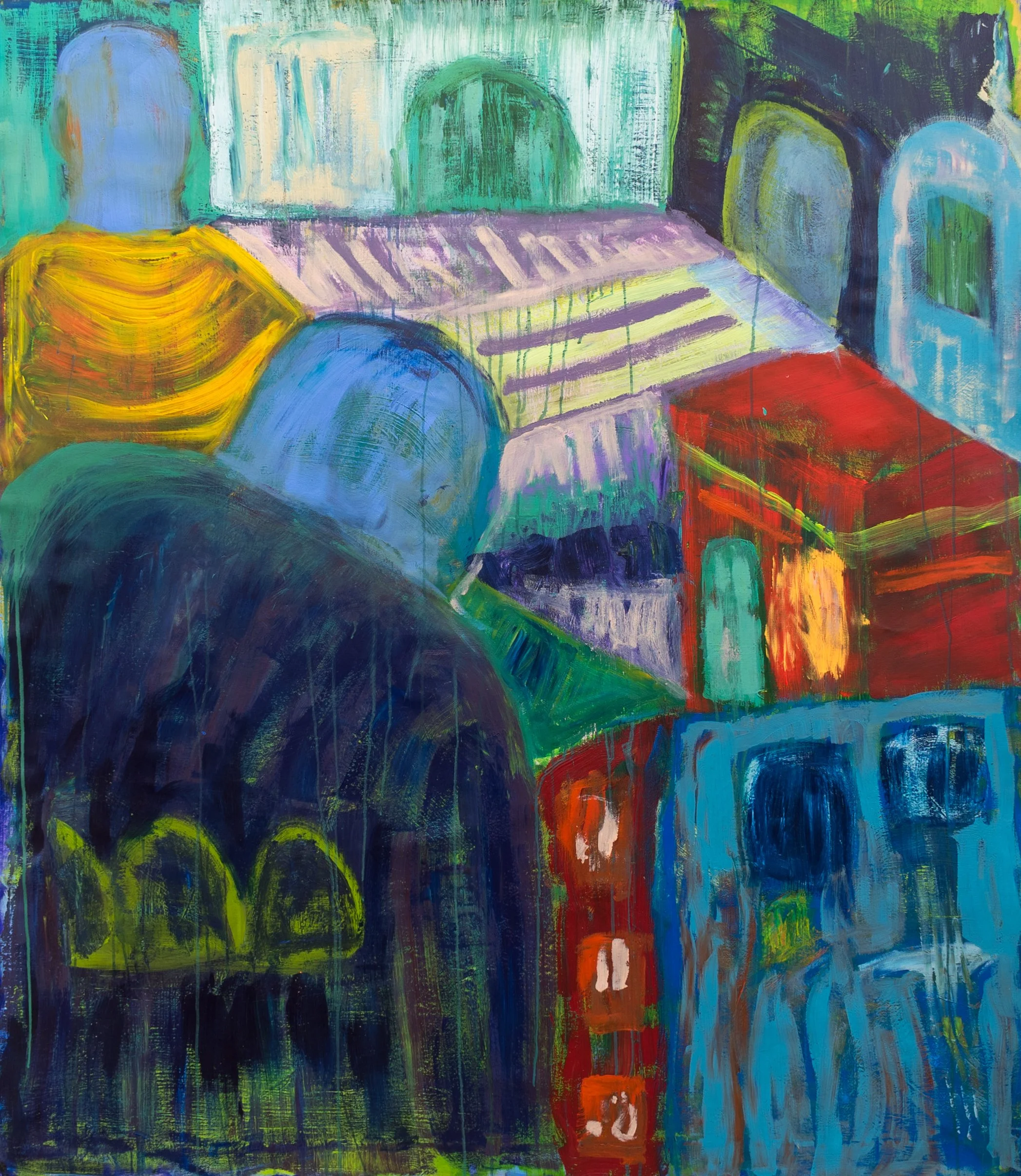 Watchers, an abstract artwork by Samantha Juan featuring layered arches and geometric forms in green, blue, purple, red, yellow, and black.