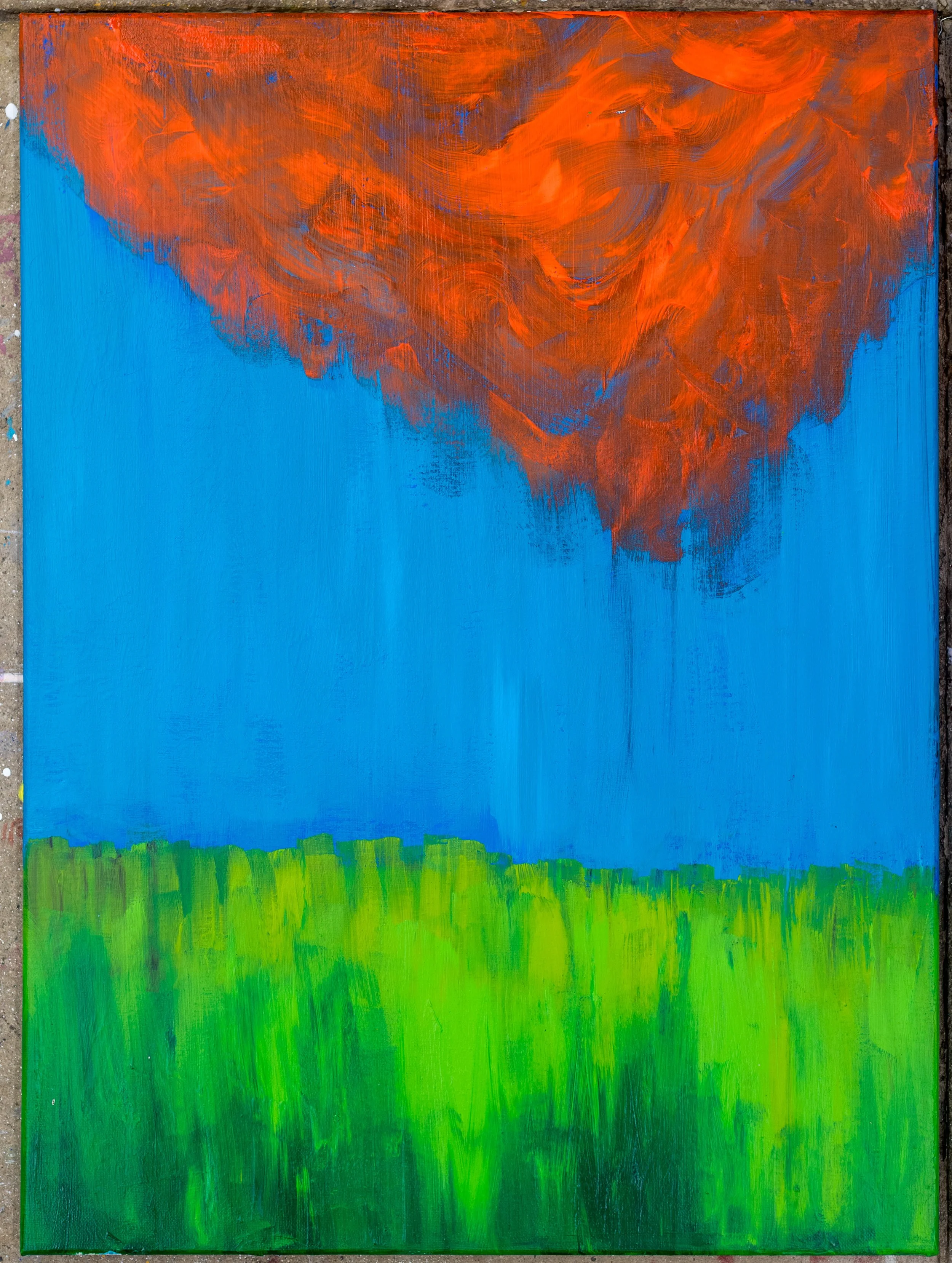 Sensation, an abstract artwork by Samantha Juan featuring a vivid blue sky, green field, and dramatic orange form.