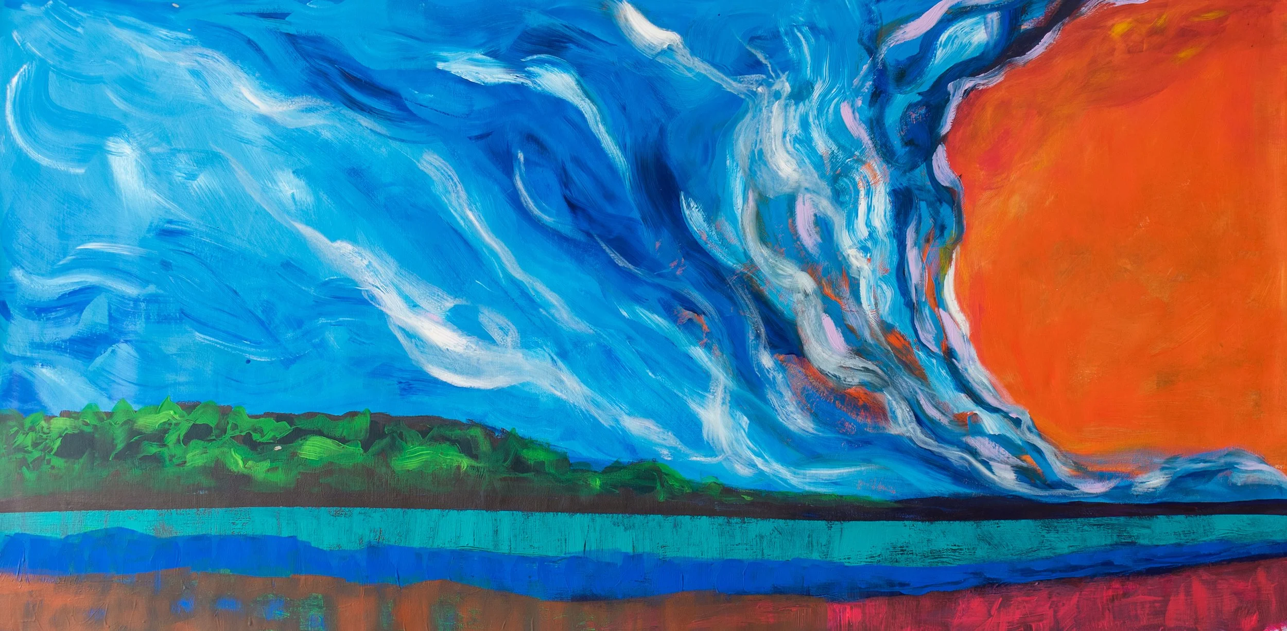 Resonance, an abstract artwork by Samantha Juan featuring a sweeping blue wave, green land, and a vivid orange sky.