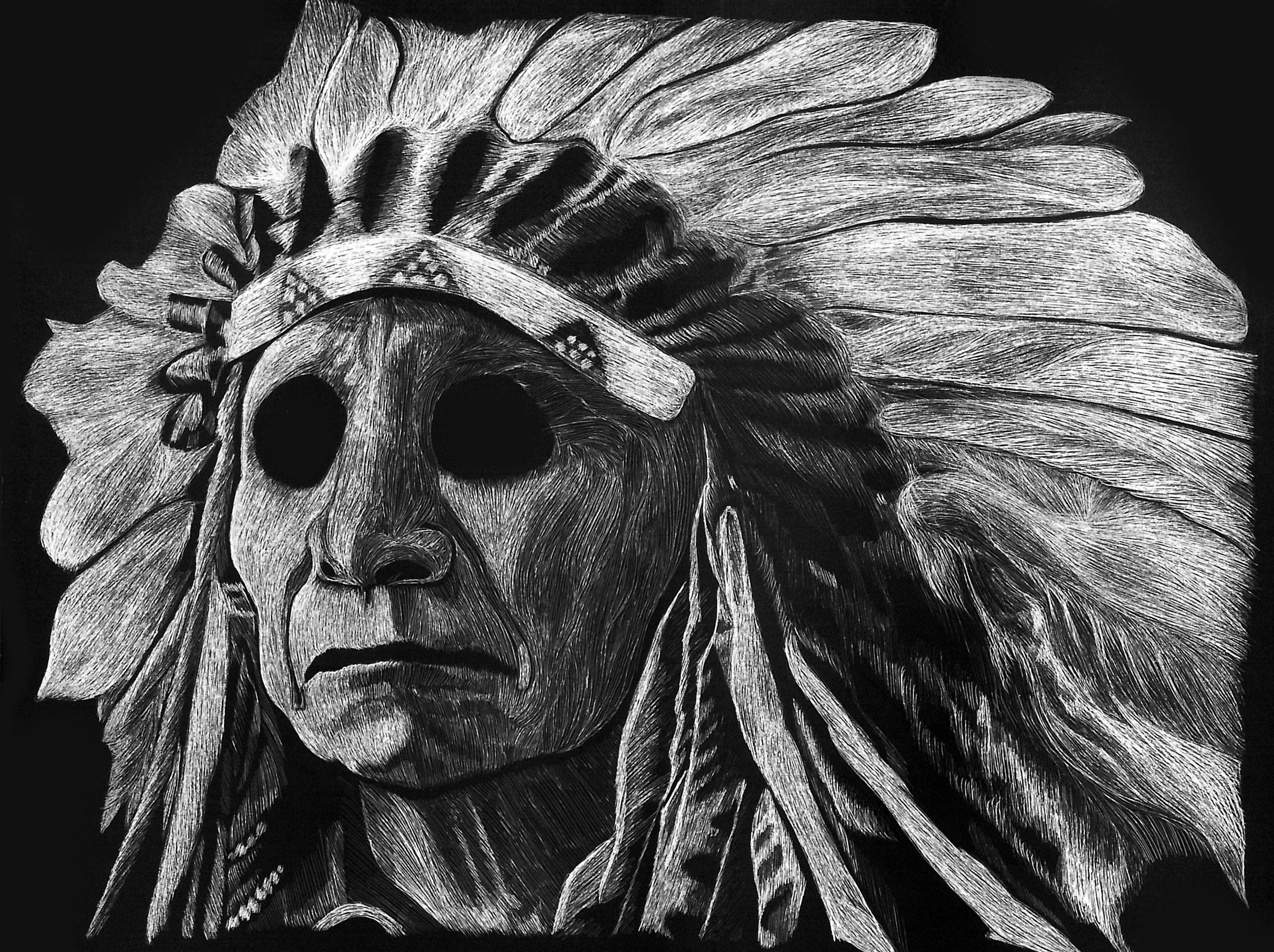 Black-and-white artwork depicting a lion’s face framed by an intricate feathered headdress.