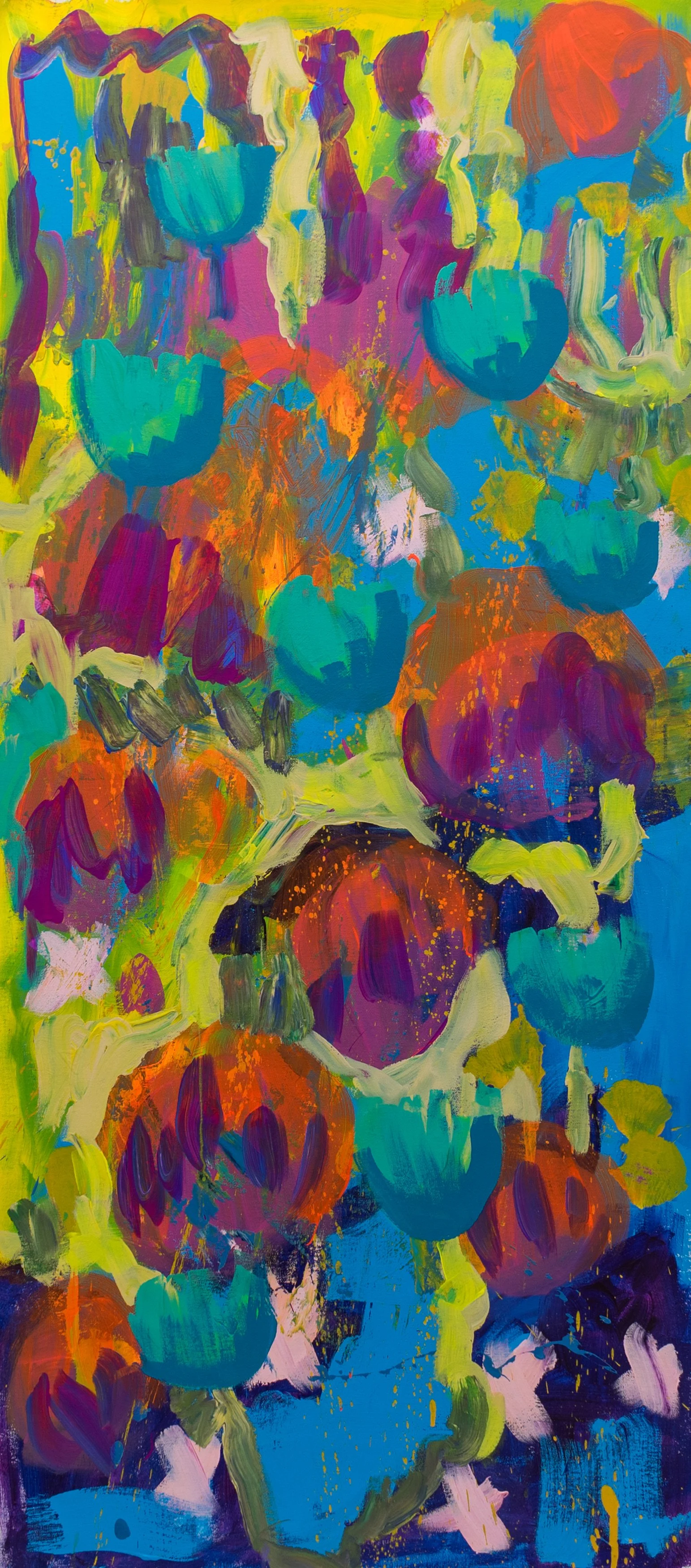 Huddle, a vibrant abstract artwork by Samantha Juan featuring layered floral forms in yellow, purple, blue, orange, and green.