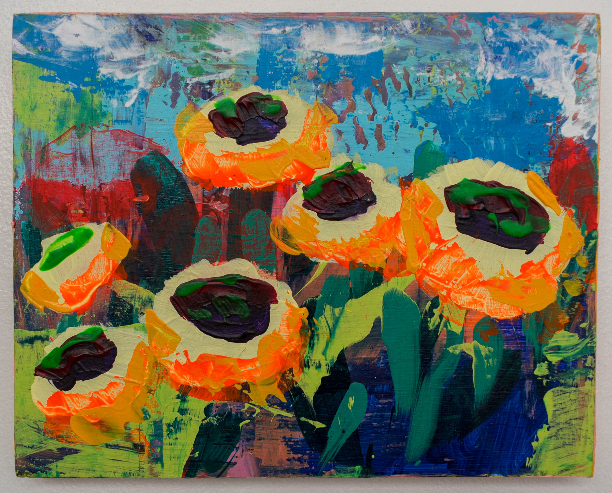 Colorful, abstract painting with bright orange, green, purple, black, and white paint on a rectangular canvas background.