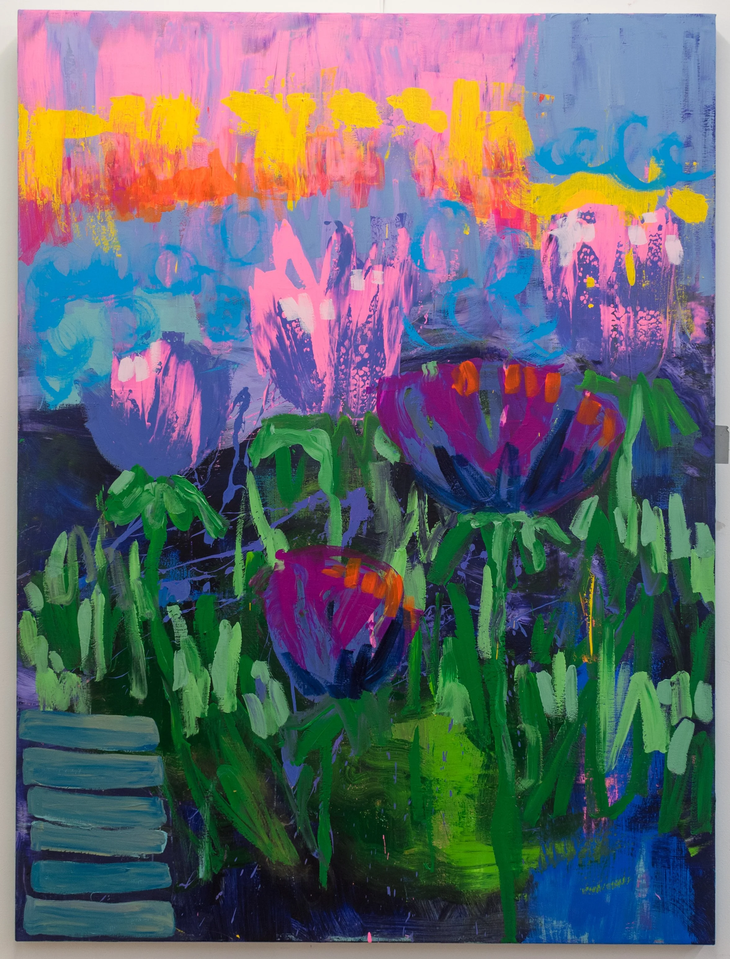 Joy, a vibrant garden-inspired artwork by Samantha Juan featuring expressive flowers in pink, yellow, purple, green, and blue.
