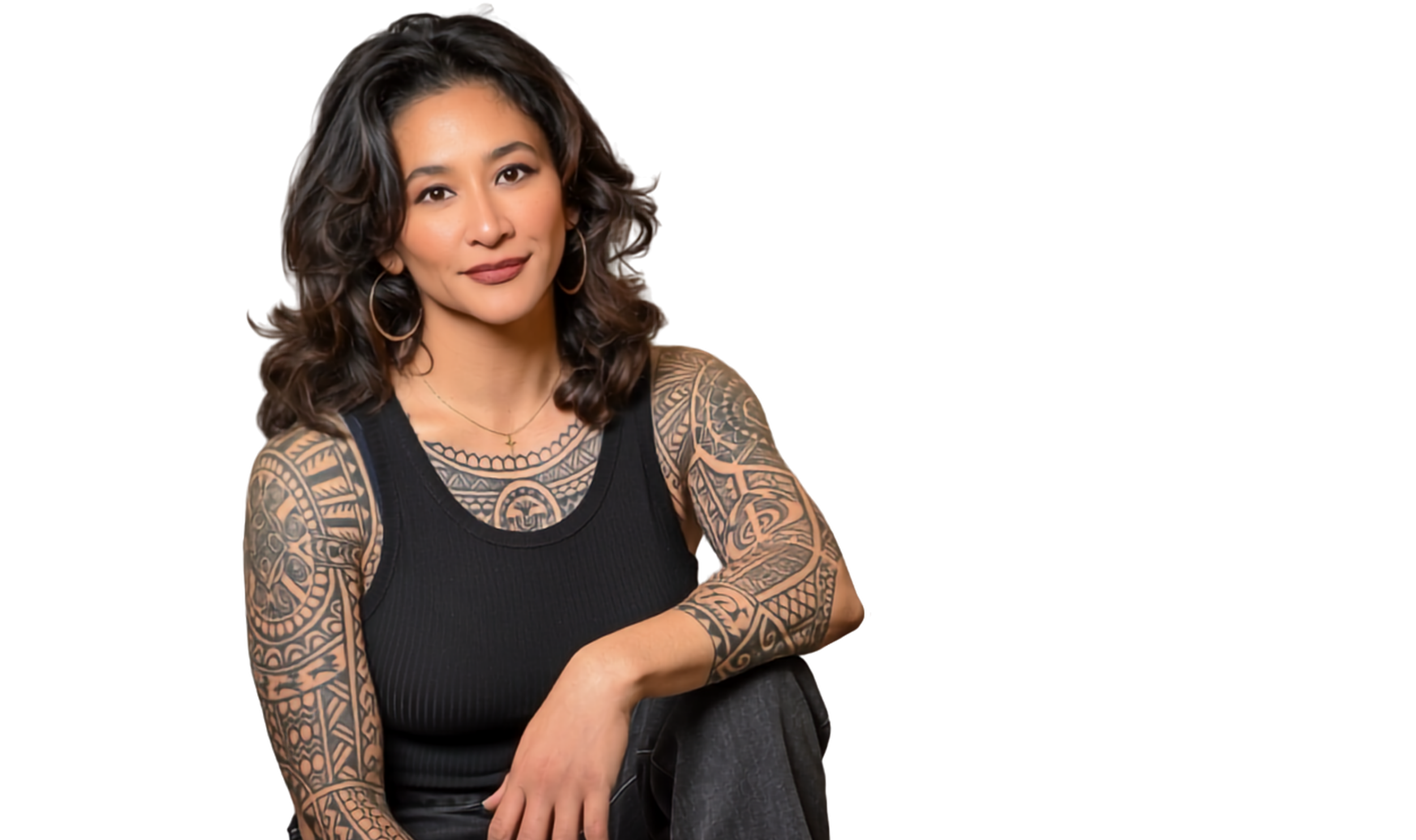 Samantha Juan seated against a white background, wearing a black sleeveless top.