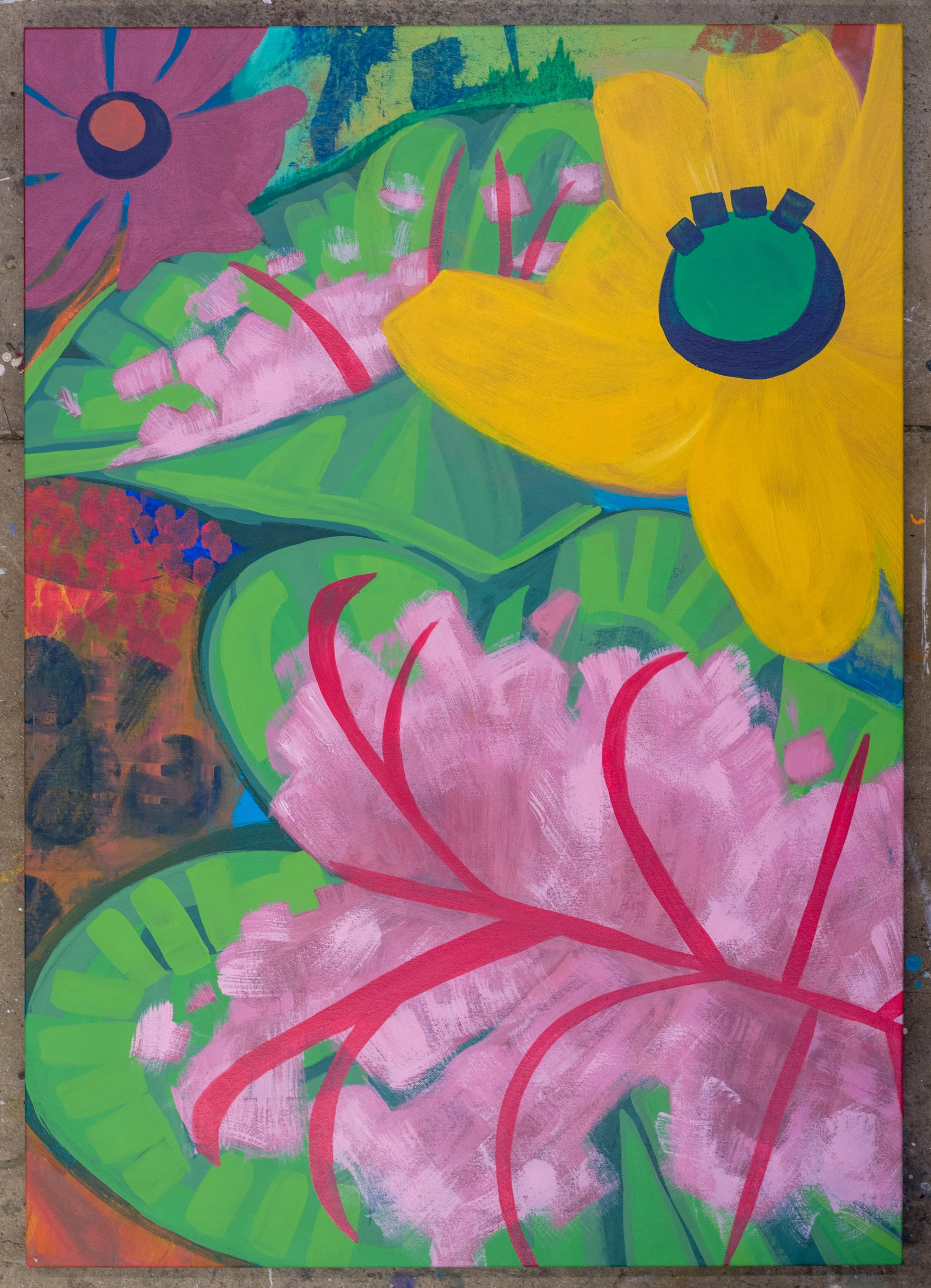 Hugs, a colorful floral artwork by Samantha Juan featuring large yellow flowers, pink stems, green leaves, and teal accents.