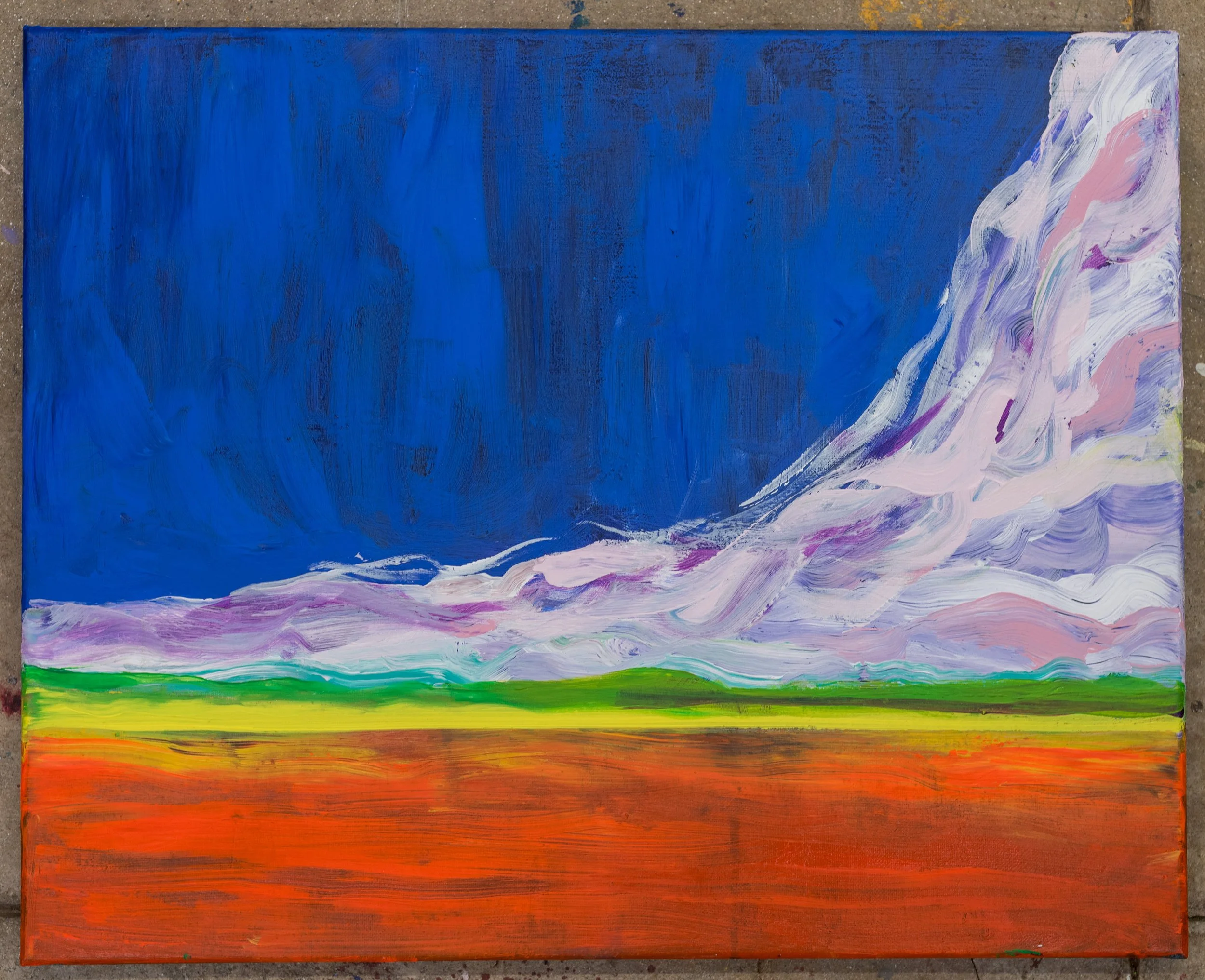 Rising, an abstract landscape artwork by Samantha Juan featuring layered bands of blue, green, red, pink, lavender, and white.