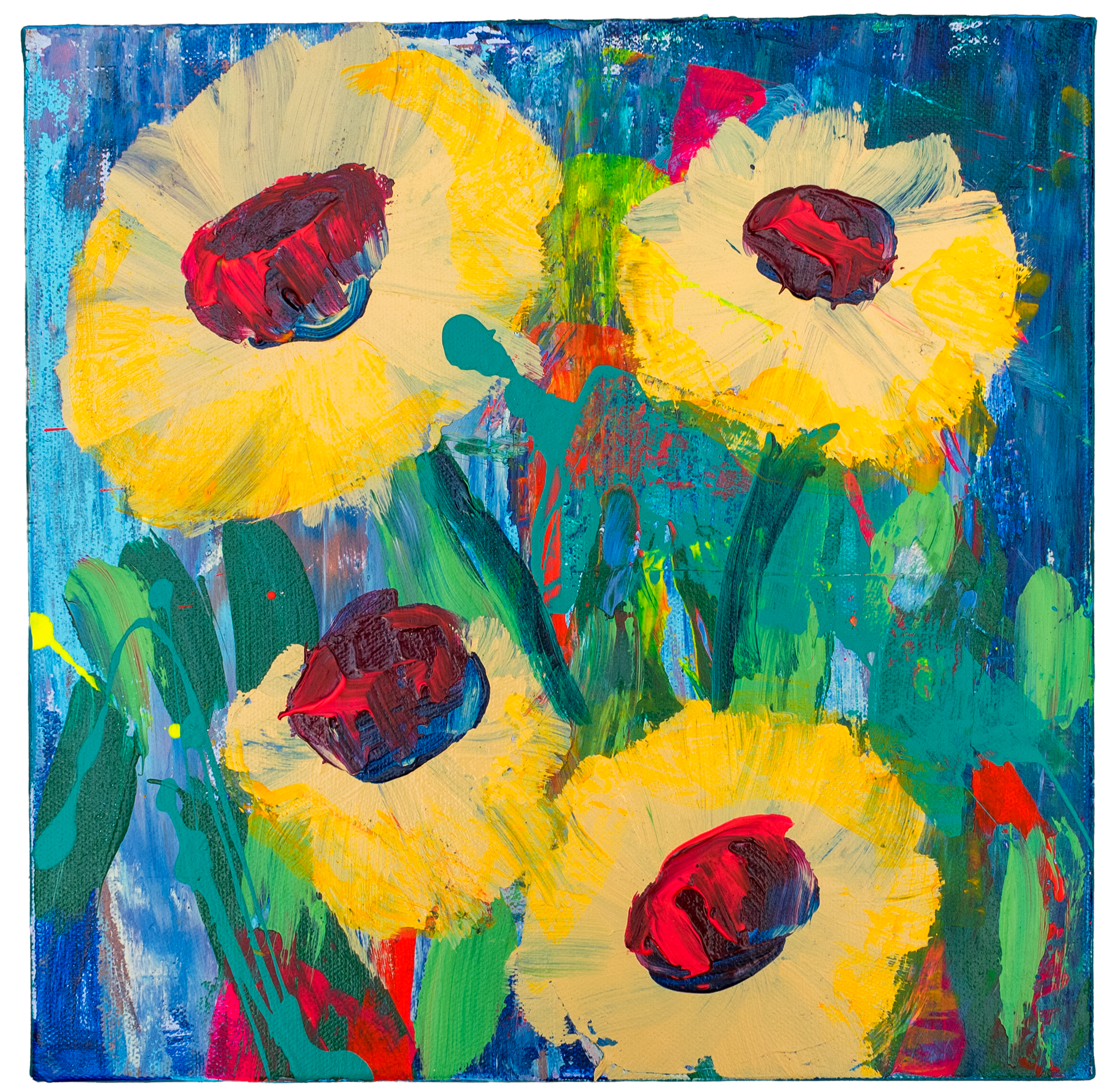 Abstract colorful painting with large yellow flowers, red and purple centers, green stems, and a background of vibrant blue, green, yellow, and red brushstrokes.